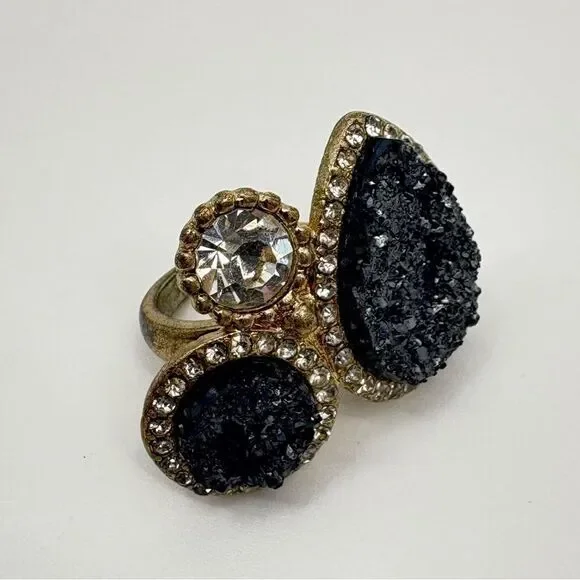 Park Lane Aspen Statement Ring Hematite Gray Druzy Crystal Gold Size 7 - Picture 2 of 6